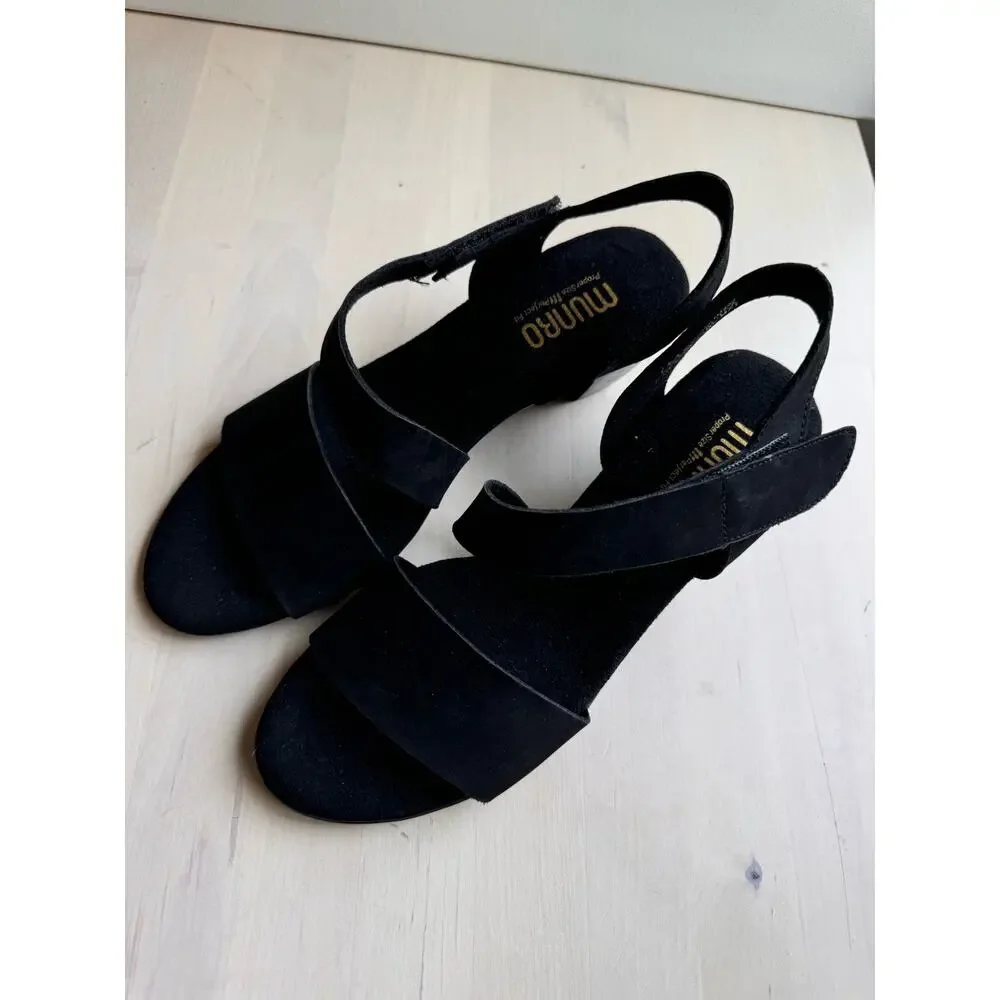 Munro Lucia Black Nubuck Heel Sandals Comfort Walking Dress Shoes Size 7